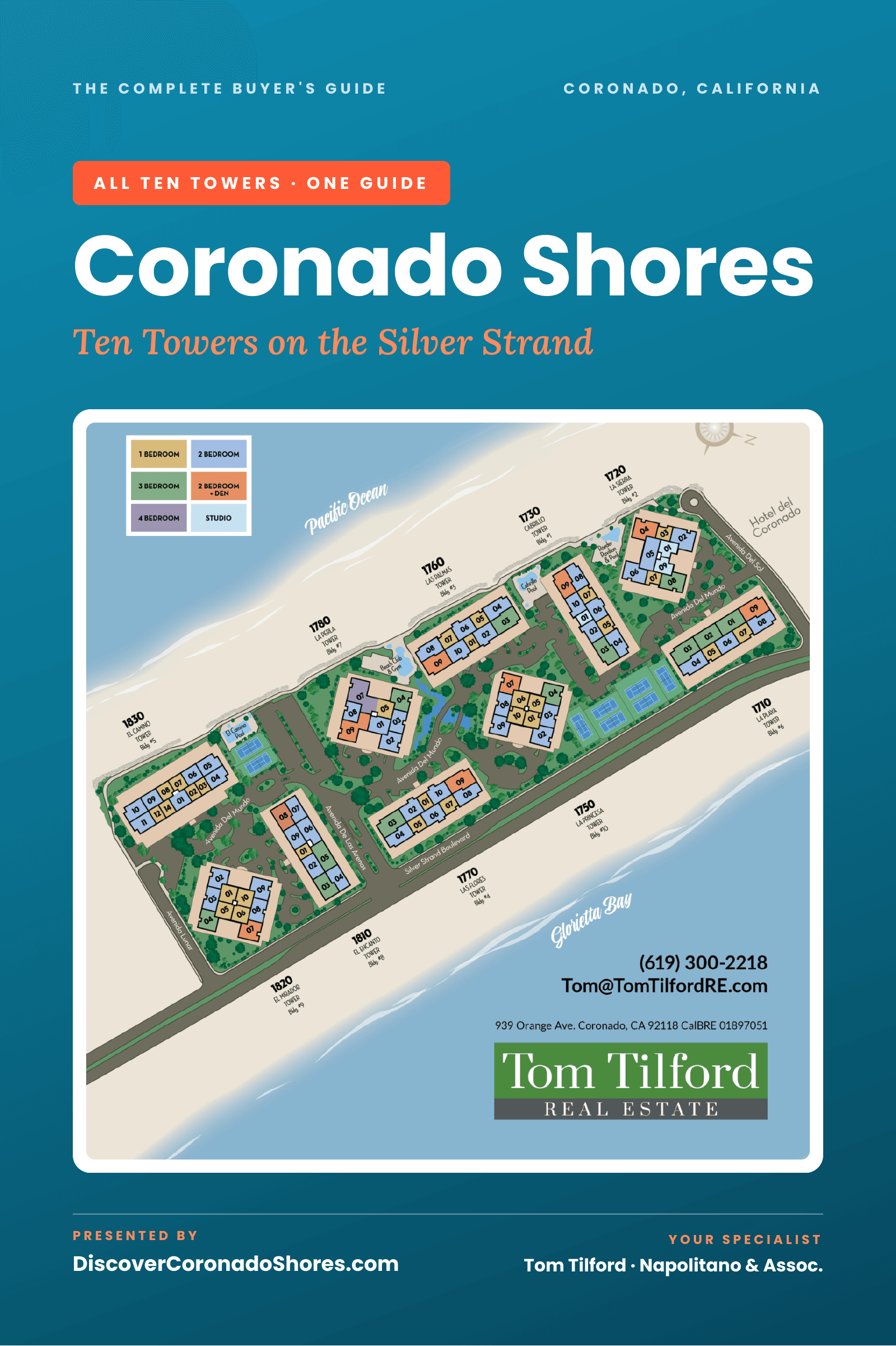Cover of the Coronado Shores Insider's Guide showing a detailed map of all ten towers on the Silver Strand